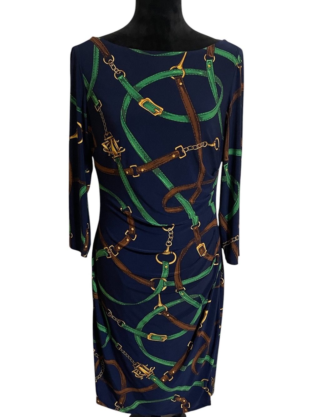Ralph Lauren Navy Dress with Green & Brown Chain Print SZ 10 EUC